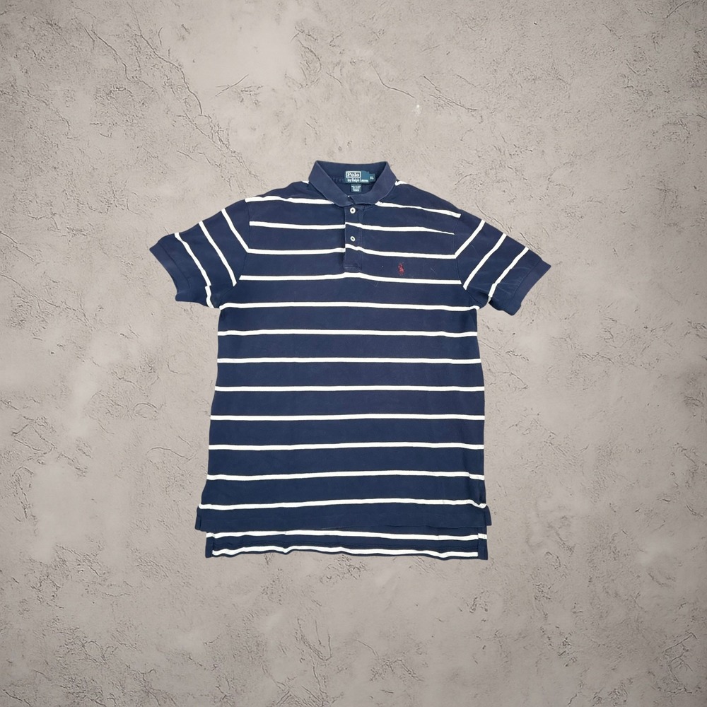 Polo Ralph Lauren Striped Polo Shirt Mens XL Navy White Y2K Vintage Boxy Fit